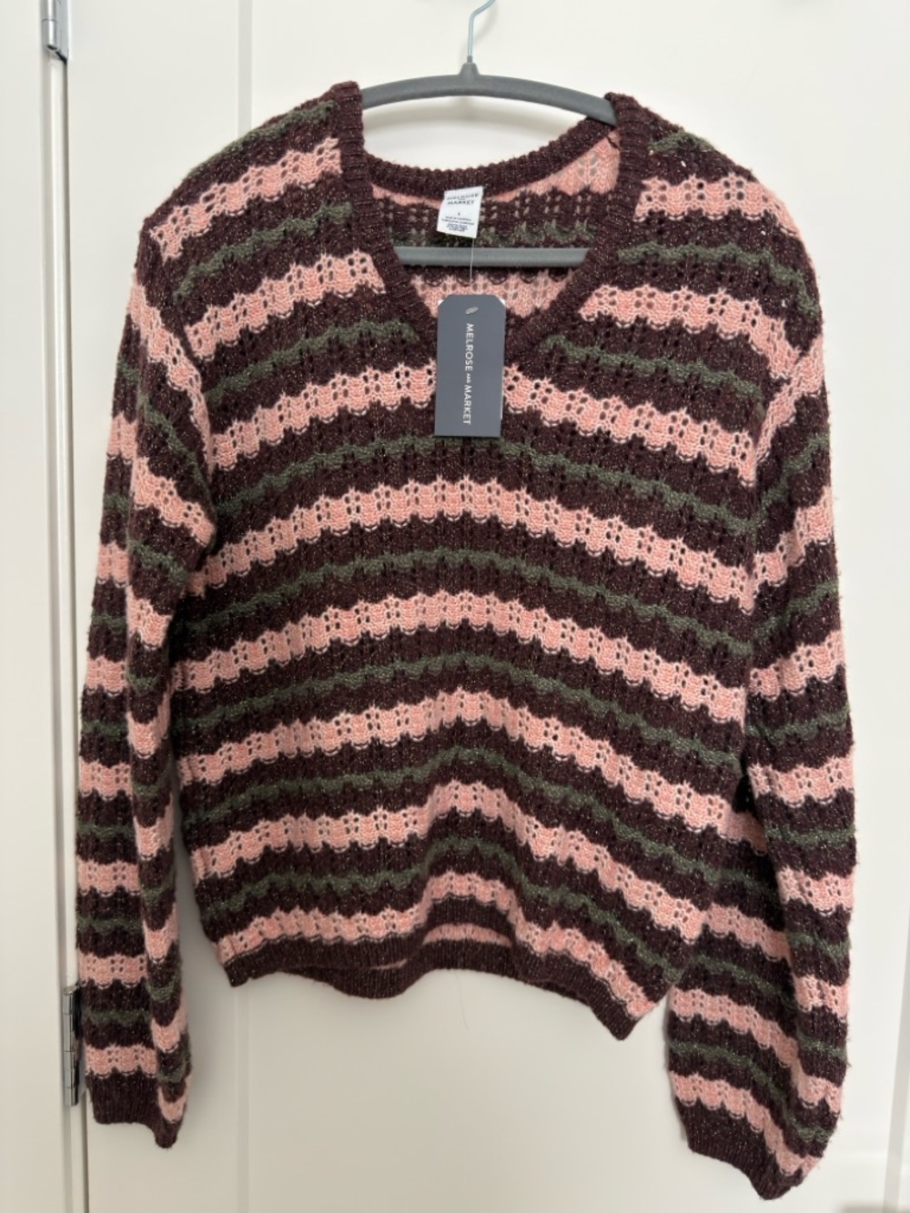 Melrose and Market Striped Crochet Crewneck Sweater in Pink, Brown & Olive